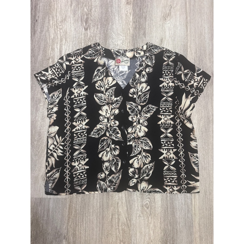 Hilo Hattie Hawaiian Original Black Cream Tropical Button Shirt Size Large Women